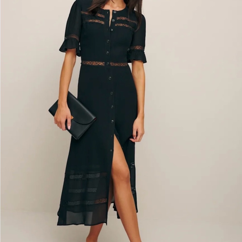 Black Lace-Trim Midi Dress with Front Buttons
